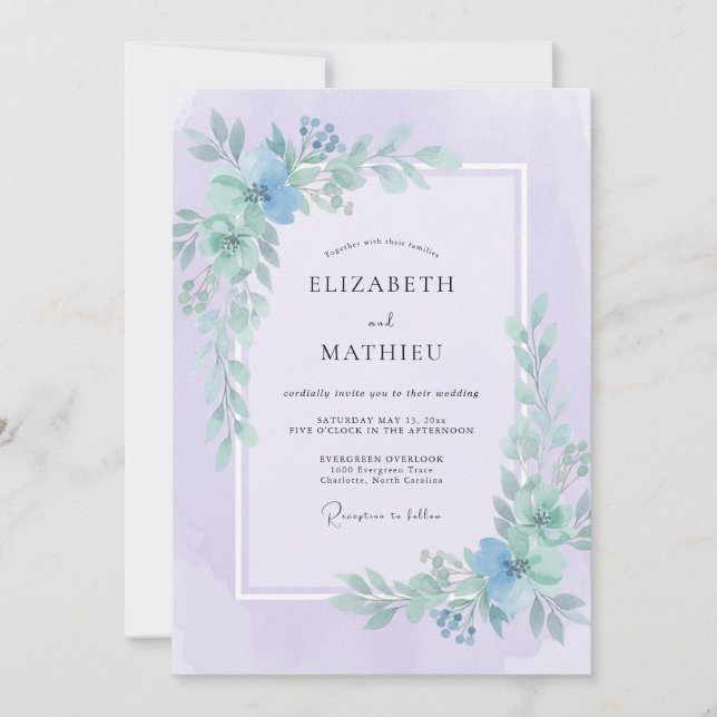 Immergrün-Lila-Blatt-Hochzeit Einladung (Vorderseite)