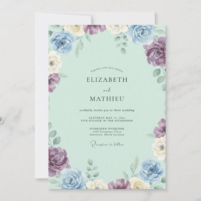 Immergrün-Lila-Blüten-Hochzeit Einladung (Vorderseite)