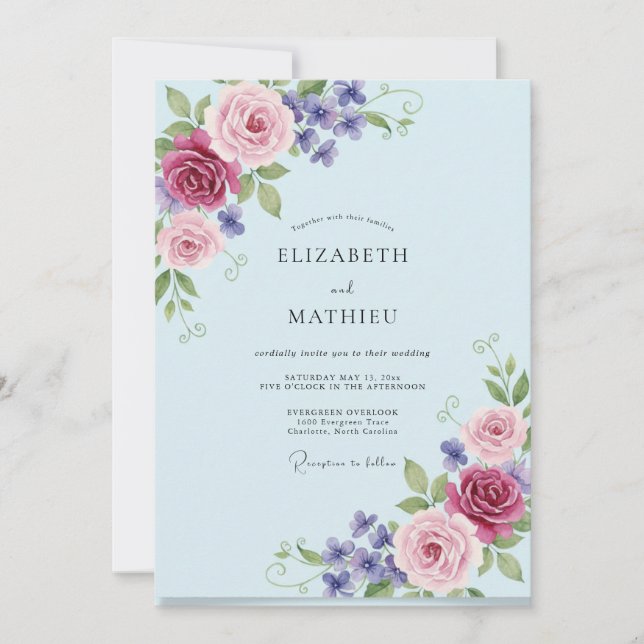 Immergrün-Malven-Blüten-Hochzeit Einladung (Vorderseite)