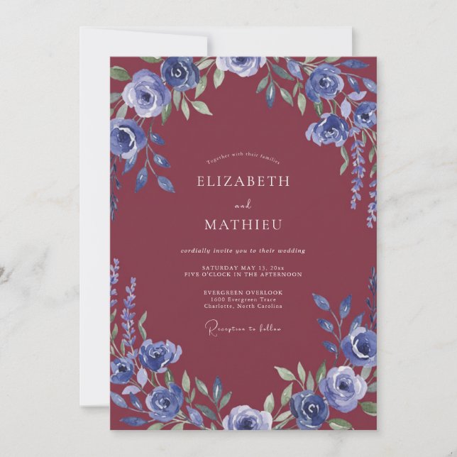 Immergrün-Malven-Blüten-Hochzeit Einladung (Vorderseite)