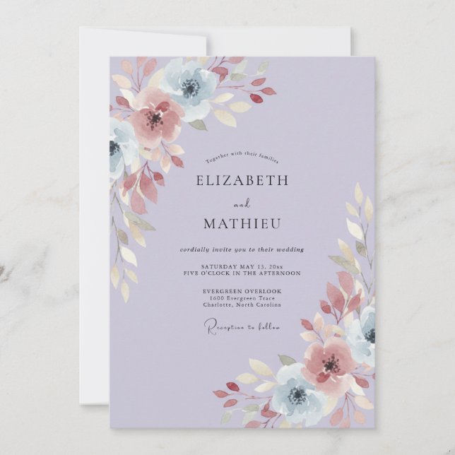 Immergrün-Malven-Ranunculus-Eukalyptus-Hochzeit Einladung (Vorderseite)