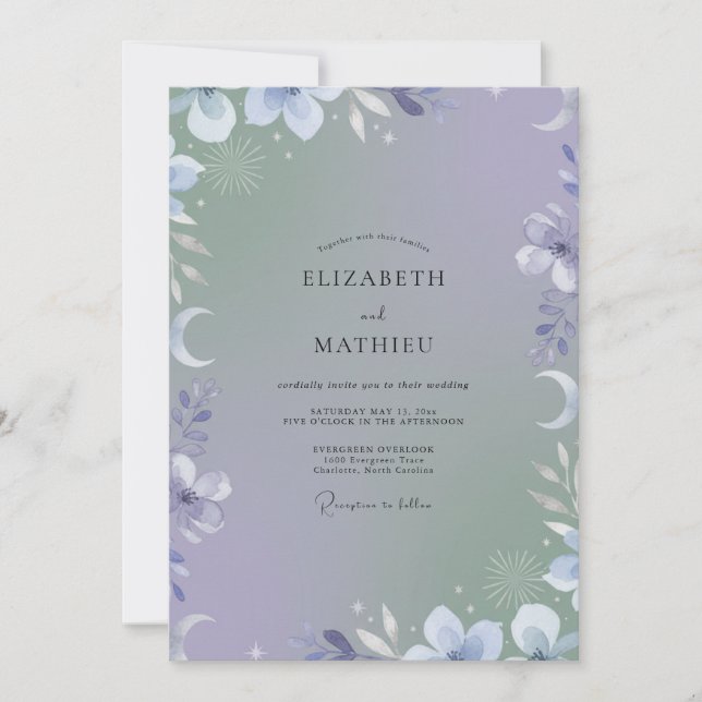 Immergrün-Mond-Eukalyptus-Hochzeit Einladung (Vorderseite)