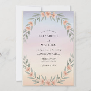 Immergrün-Pfirsich-Laub-Eukalyptus-Hochzeit Einladung