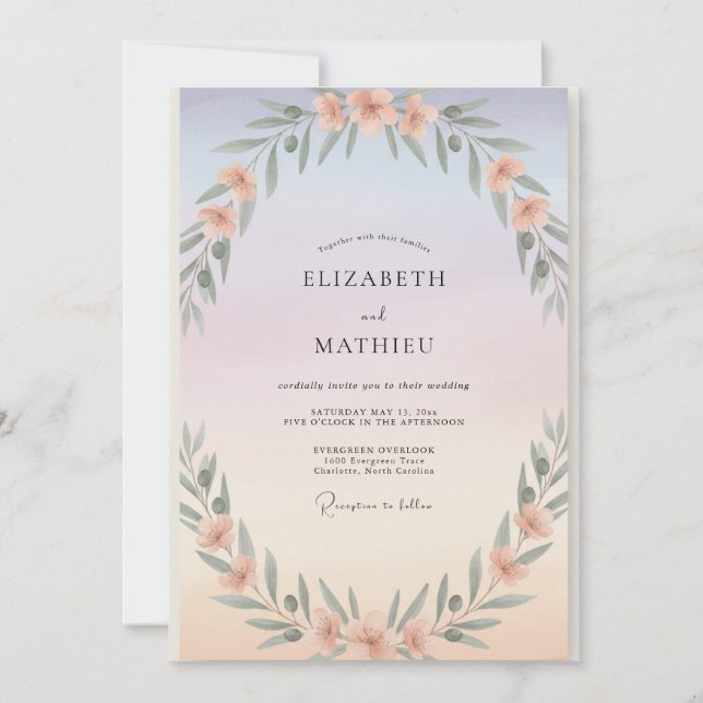 Immergrün-Pfirsich-Laub-Eukalyptus-Hochzeit Einladung (Vorderseite)