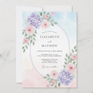 Immergrün-Rosa-Hortensien-Eukalyptus-Hochzeit Einladung