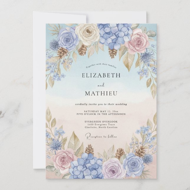 Immergrün-Rosa-Petal-Hochzeit Einladung (Vorderseite)