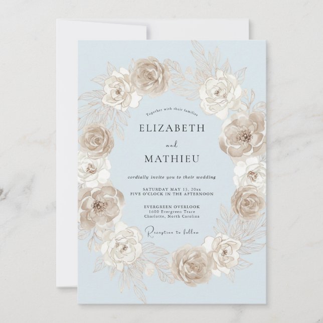 Immergrün-Rosé-Blumenkranz-Hochzeit Einladung (Vorderseite)