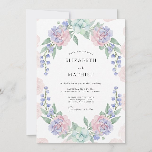 Immergrün-Rosé-Kranz-Hochzeit Einladung (Vorderseite)