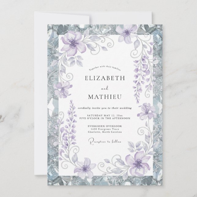 Immergrün-Silber-Blüten-Hochzeit Einladung (Vorderseite)