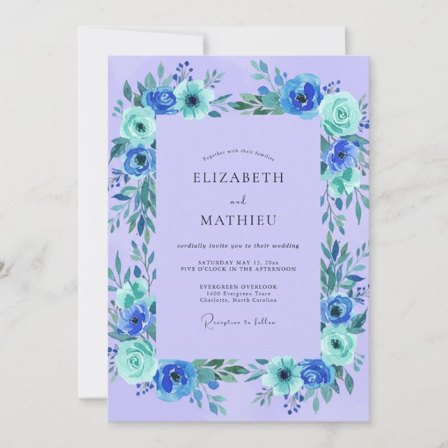 Immergrün Türkis Wilde Blumen Hochzeit Einladung (Vorderseite)