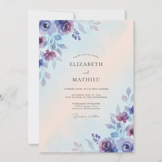 Immergrün-violette Blütenblattrat Hochzeit Einladung (Vorderseite)