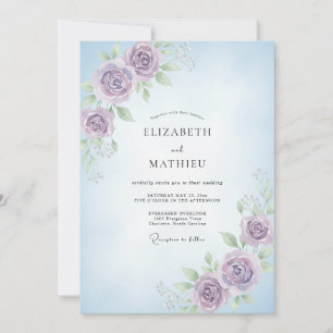 Immergrün-violette Ranunculus-Eukalyptus-Hochzeit Einladung