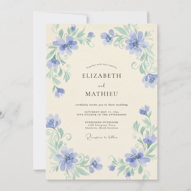 Immergrün-Wildblumen-Hochzeit Einladung (Vorderseite)