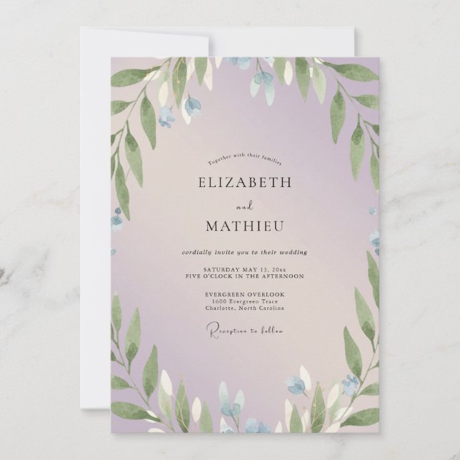 Immergrün-Zweig-Eukalyptus-Hochzeit Einladung (Vorderseite)