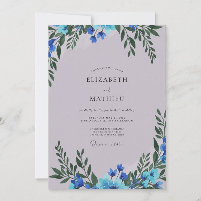 Immergrünblaue Wildblumenhochzeit Einladung (Vorderseite)