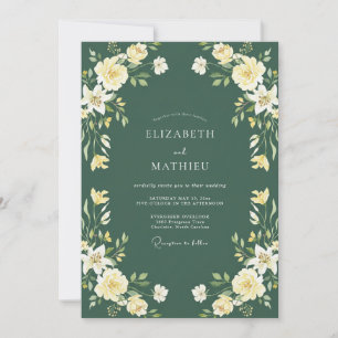 Immergrüne Creme-Blüten-Hochzeit Einladung