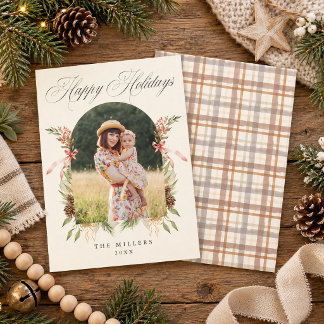 Immergrüne gebogene Karo-Boho-Foto-Weihnachtskarte Feiertagskarte