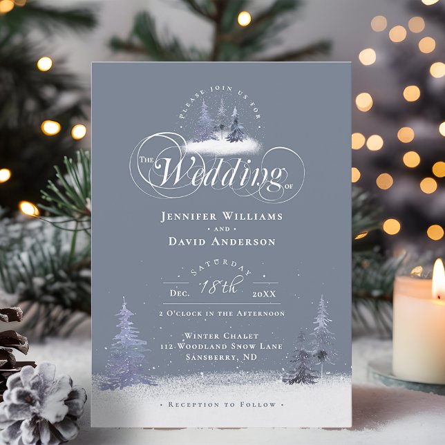 Immergrüne Kiefern Elegantes Skript Winterhochzeit Einladung (Evergreen Pine Trees Elegant Script Winter Wedding Invitation)