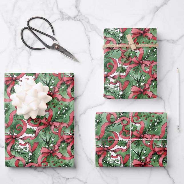 Immergrüne Stechpalme und rote Bänder Geschenkpapier Set (Vorderseite)