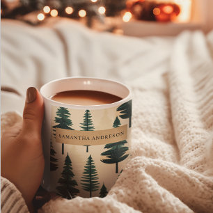 Immergrüne Vintage-Kiefer in Dunkelgrün und Beige Kaffeetasse