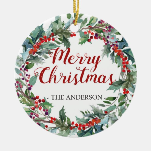 Immergrüne Weihnachtswreath-Fotoverzierung Keramik Ornament (Vorne)