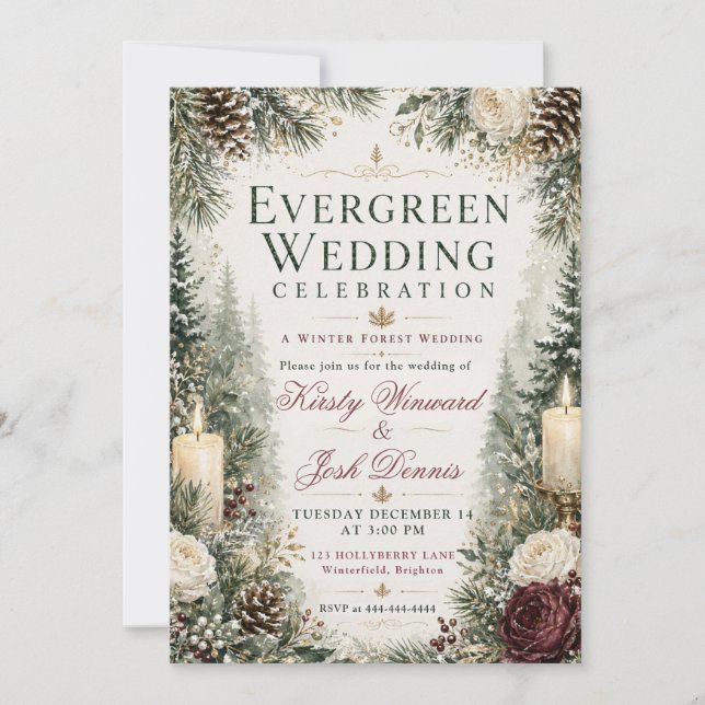 Immergrüne Winterwald-Hochzeit Einladung (Vorderseite)