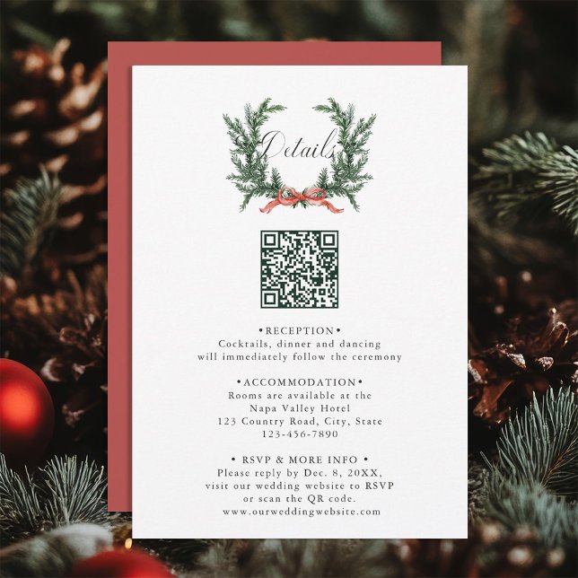 Immergrüner Kiefern-Kranz Hochzeits-QR-Code-Detail Begleitkarte (Von Creator hochgeladen)