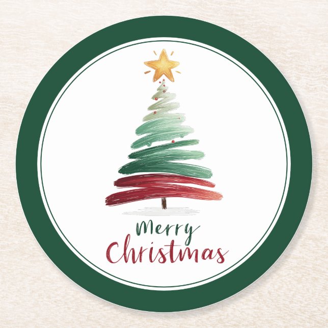 Immergrüner minimalistischer Weihnachtsbaum Runder Pappuntersetzer (Vorderseite)