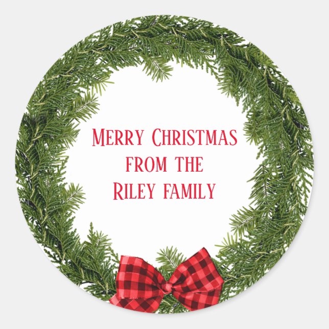 immergrüner Weihnachtskranz mit kariertem Bogen Runder Aufkleber (Vorderseite)