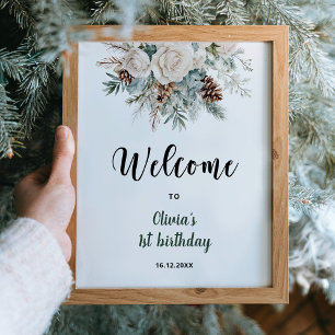 Immergrüner Winter Erster Geburtstag Willkommen Poster