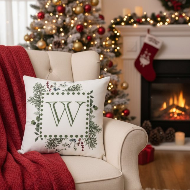 Immergrünes Monogramm Kissen (Monogram initial Christmas holiday pillow)