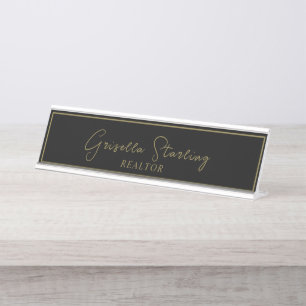 Immobilien Golden Black Script Metallic Schreibtischnamensplakette