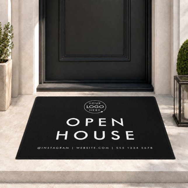 Immobilienagentur Open House Moderner Schwarzer Wo Fußmatte (Custom open house realtor doormat with logo space and contact details for listing visits.)