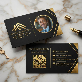 Immobilienmakler-Foto-QR-Code Luxus Navy Gold Visitenkarte