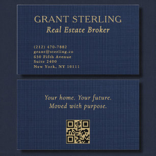 Immobilienmakler Navy Blau Gold Linen QR-Code Visitenkarte