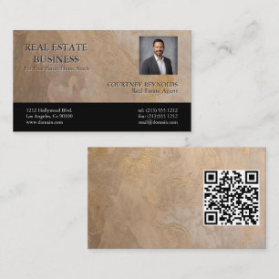 Immobilienmakler-Porträt Beige Gold Textur QR-Code Visitenkarte