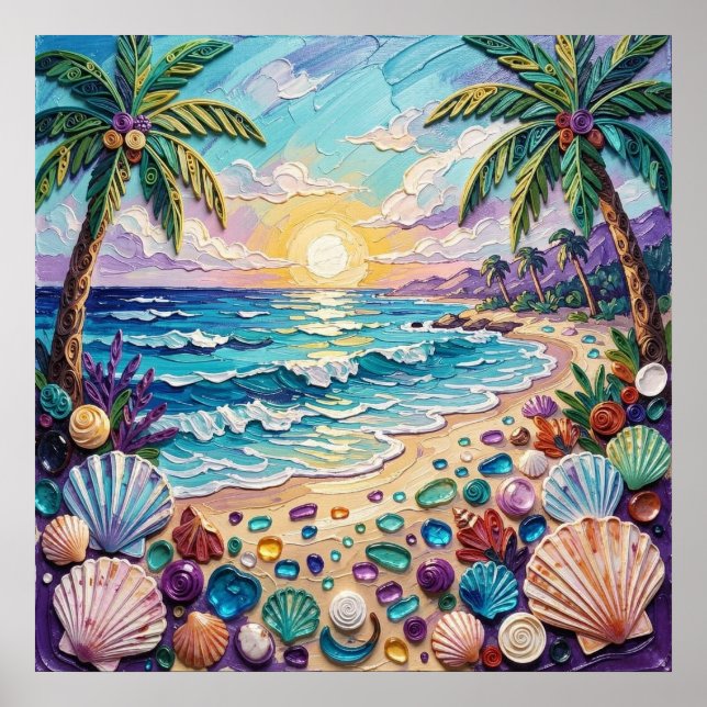 Impasto Beach and Sea Glass Sunset and Sunrise Poster (Vorne)