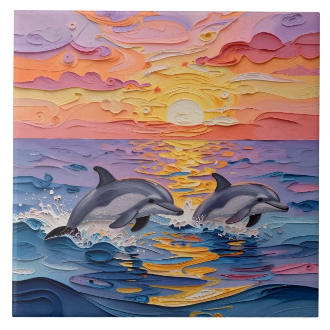 Impasto Dolphins and Ocean Waves   Fliese (Vorderseite)