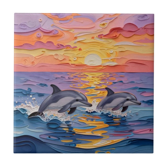 Impasto Dolphins and Ocean Waves   Fliese (Vorderseite)