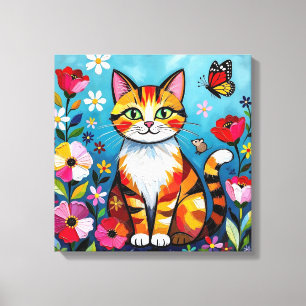 Impasto-Katze, Blumen & Schmetterling Leinwanddruck
