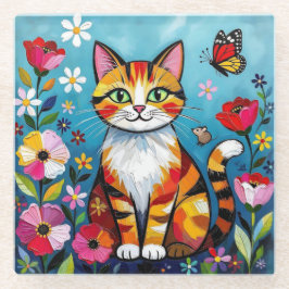 Impasto-Katze, Blumen und Schmetterling Glasuntersetzer