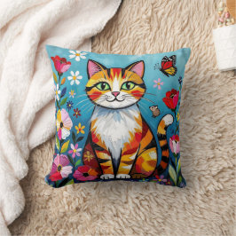 Impasto-Katze, Blumen und Schmetterling Kissen
