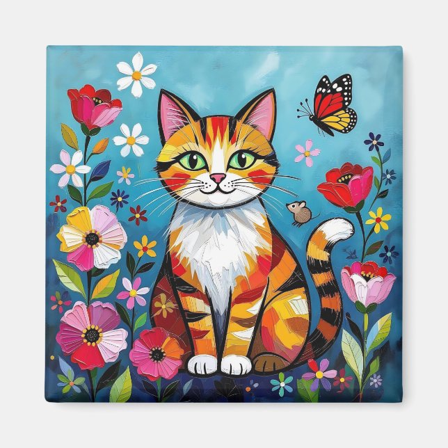 Impasto-Katze, Blumen und Schmetterling Magnet (Vorne)