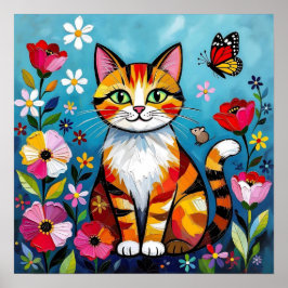 Impasto-Katze, Blumen und Schmetterling Poster