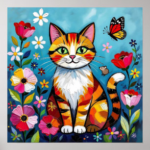 Impasto-Katze, Blumen und Schmetterling Poster