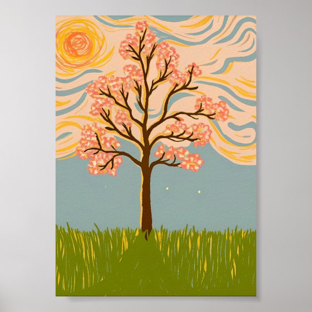 Impasto Kirschblütenbaum Wirbelnder Sternenhimmel Poster (Vorne)