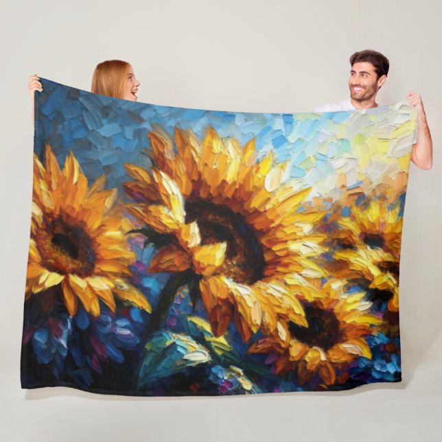 Impasto Malerei von Sonnenblumen Blau Fleecedecke (Beispiel)