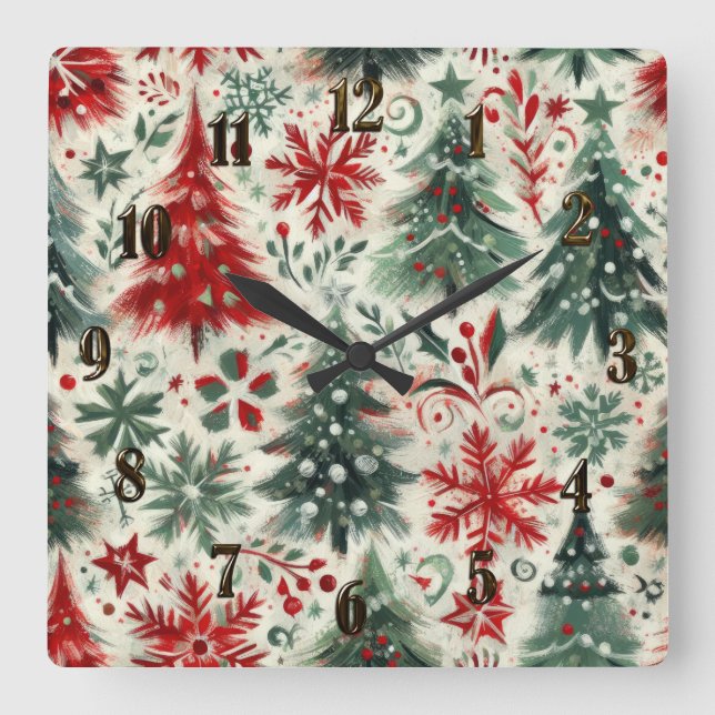 Impasto Red and Green Christmas Motifs Collage Quadratische Wanduhr (Vorderseite)