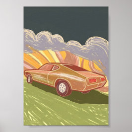 Impasto Retro Muscle Car Wirbelnde Straße Sonnenun Poster