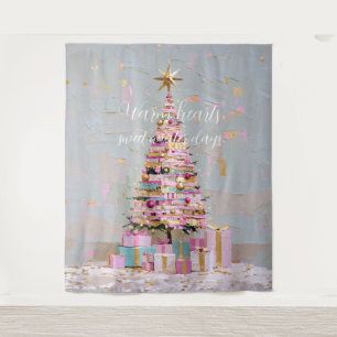 Impasto-Rosa-und-Gold-Weihnachtsbaum Wandteppich